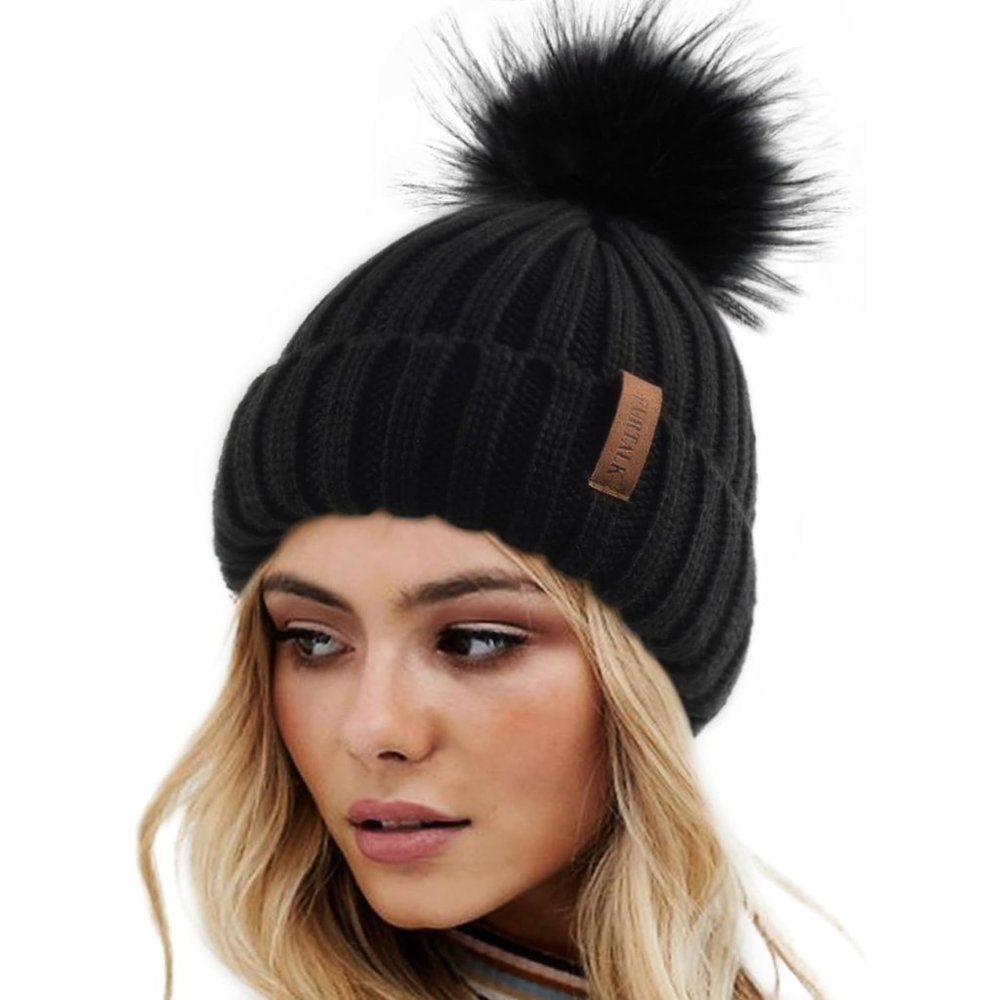 Women's Faux Fur Pom Winter Knitted Beanie Hat